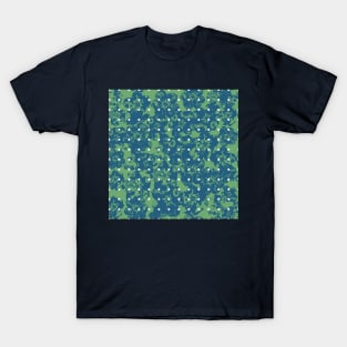 Abstract Blue Floral Polka Dots on Green T-Shirt